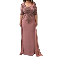 Plus Size V-Neck 3/4 Sleeve Train Satin Mother of The Bride Dresses Formal Party Evening Gown Long