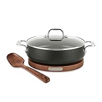All-Clad HA1 Hard Anodized Nonstick Sauteuse Pan with Acacia Trivet and Spoon 4 Piece, 4 Quart Induction Oven Broiler Safe 500F, Lid Safe 350F Pots and Pans, Cookware Black
