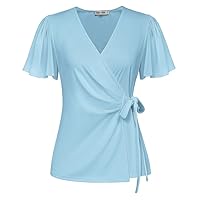 GRACE KARIN 2024 Womens Summer Tops Dressy Casual Short Sleeve Chiffon Shirts V-Neck Wrap Business Work Lightweight Cute Fitted Blouses