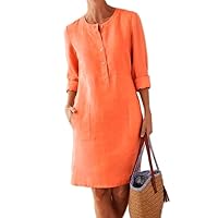Akivide Women's Cotton Linen Casual Loose Round Neck Button Solid Color Long Sleeve Midi Dress with Pockets