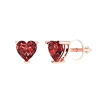 0.94cttw Heart Cut Solitaire Genuine Natural Scarlet Red Garnet Unisex Stud Designer Earrings Solid 14k Rose Gold Screw Back
