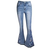 Andongnywell Women's Embroidered Bell Bottom Jeans Floral Stretchy Flare Denim Pants Chic High Rise Long Jean