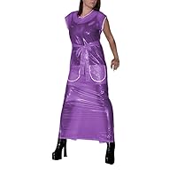Sexy Clear PVC Ankle-Length Pencil Dress Sissy Crew Neck Back Buttons Long Dress with Belt Sleeveless Fetish Plastic Clubwear
