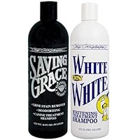 Chris Christensen Saving Grace & White on White Bag Deal - 16oz - Saving Grace Deodorizing Treatment & Stain Removing - White on White Shampoo for Pets- Canine Treatment - Whitening Shampoo