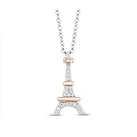Round Cut Cubic Zirconia Eiffel Tower Pendant For Womens & Girls 14k Rose Gold Plated 925 Sterling Silver.