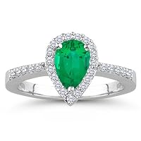 0.20 Cts Diamond & 0.60 Cts of 7x5 mm AAA Pear Natural Emerald Ring in 14K White Gold