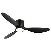 reiga 52-in Low Profile Flush Mount Ceiling Fans with Lights and Remote, 3 Wood Blades Mute DC Reversible Motor Propeller Ceiling Fan for Outdoor/Indoor, Black