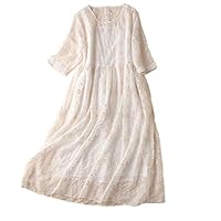 Women Summer Half Sleeve Silk Hemp Embroidery Elegant Vintage Prom Dress White