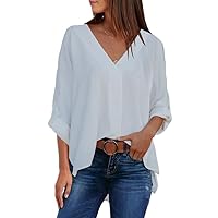 Dokotoo 2024 Womens Summer 3/4 Bell Sleeve/Short Sleeve V-Neck Chiffon Tops Casual Tops and Blouses Loose Shirts