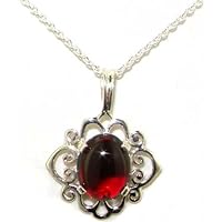 Ladies Solid 925 Sterling Silver Ornate 9x7mm Natural Cabochon Garnet Pendant Necklace