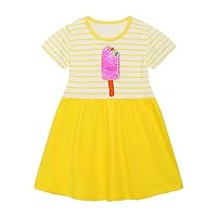 Little Girls U-Neck Dress Cute Summer Sundress Cotton Cartoon Dress 2-8Y (as1, Age, 5_Years, Yellowbt)