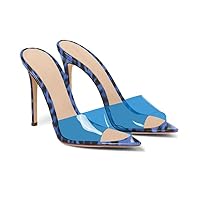 Women's Slip On Mules Clear Colored PVC Open Toe Stiletto High Heeled Sandals 4 Inches