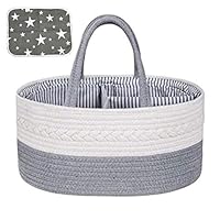 Baby Diaper Caddy Organizer | with Waterproof Changing Pad | 100% Cotton Rope Woven Basket | Portable Nursery Storage | for Boys and Girls | Travel Car Bin | 6 Inner Pockets | Removable Inserts
