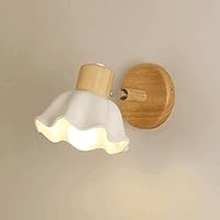 White Shade Wall Sconces Creative Wooden Base Wall Light, Bedside Wall Mounted Lamps Hard Wired Metal Wall Light Fixtures for Bedroom Living Room Indoor Doorway (1-Light)
