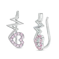 Heart With Heartbeats Created Pink Sapphire Ear Cuff Crawler 14K White Gold Finish