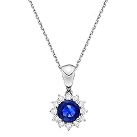 1 CT Round Cut Created Blue Sapphire Halo Pendant Necklace 14K White Gold Finish