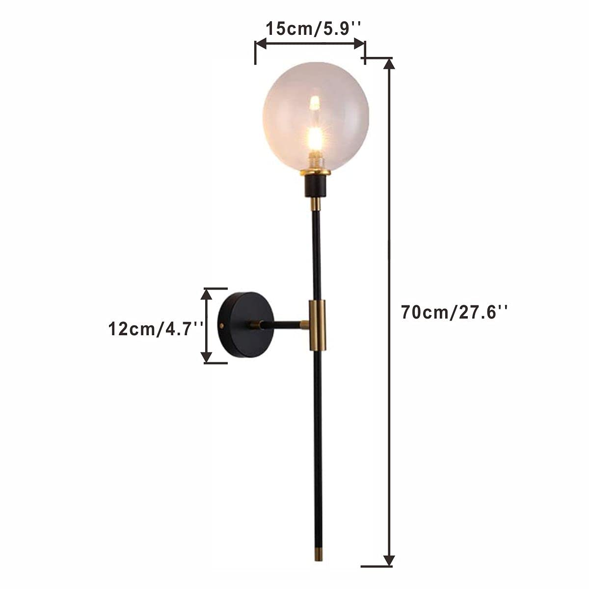 KCO KCOLighting 1-Light Sconces Wall Light Gold Black Modern Wall Mounted Sconce Globe Glass Shade Wall Lamp with Long Arm for Bedroom Hallway (Clear,2 Pack)