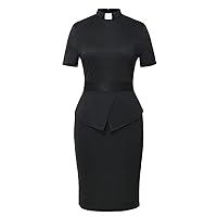 BLESSUME Church Women Clergy Tab Collar Dress Black Mass Bodycon Pencil Dress Short Sleeve