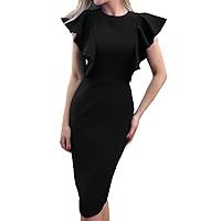 WHO IN SHOP Women's Ruffle Sleeves Back Spilt Bodycon Knee Length Cocktail Party Bandage Dress