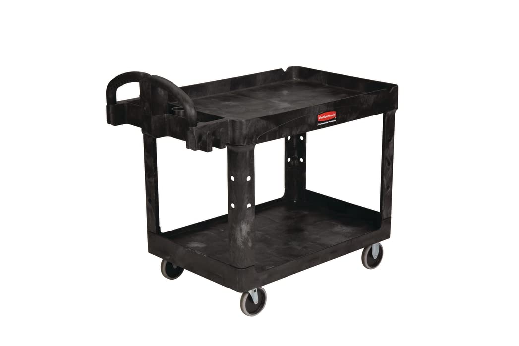 Rubbermaid Commercial Products 2-Shelf Utility/Service Cart, Medium, Lipped Shelves, Ergonomic Handle, 500 Lbs Capacity, for Warehouse/Garage/Cleaning/Manufacturing (FG452088BlA)