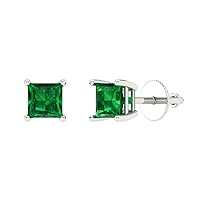 0.9ct Princess Cut Solitaire Simulated Emerald Unisex Pair of Stud Earrings 14k White Gold Screw Back conflict free
