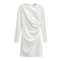 Womens O Neck Pleated Slim White Dress Zipper Long Sleeve Mini Dress