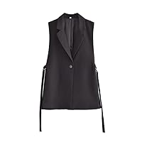 Women Black White Side Split Vest Jacket Office Ladies Casual Suit Waistcoat Outwear Tops
