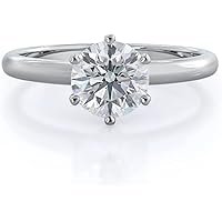 Near 1 Carat Luminous Six Prong Solitaire Round Natural Diamond Engagement Ring 14k Gold (J, SI2-I1, 0.80 c.t.w) Very Good Cut