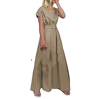 Womensummer Long Skirt with Round Neck Solid Color Large Hem Dress Belt Large-Sized Dress Long Skirt