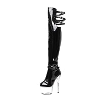 7Inch Gothic Over The Knee Boots 17cm Belt Buckle Thin Heels Patent Leather Strip Pole Dance Round Toe Sexy Fetish Crossdress