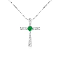 925 Sterling Silver May Birthstone Emerald Gemstone Round 6.00Mm Cross Pendant For Women