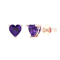 1.0 ct Heart Cut Solitaire Real Amethyst Pair of Stud Everyday Earrings Solid 18K Pink Rose Gold Butterfly Push Back