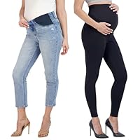 Maternity Jeans & Maternity Leggings with Pockets Bundle - Pregnancy Must Haves, Womens Maternity Pants (Small)