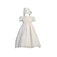 Long White Classy Embroidered Organza Christening Gown with Matching Hat