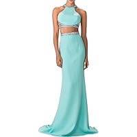 High Neck Two-Piece Jersey Long Dress Accented with a Beaded Band Waistline