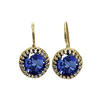 Blue Round Gemstone Gold Plated Created Blue Sapphire Handcrafted Prong Style Dangle Fish Hook Earrings