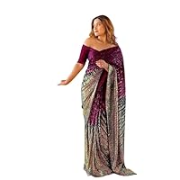 Heavy Georgette Silk Embroidery Sequence Work Sari for Women Indian Party Wear Un-Stitched Saree Blouse Wine