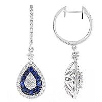 Gems & Jewels 1.80 Ct Round Cut White Diamond & Blue Sapphire Drop And Dangle Earrings 14K White Gold Finish 925 Sterling Silver