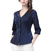 Spring Summer Womens 3/4 Sleeve Blue Satin Shirt Slim V-Neck Button-Down Tops Casual Working Ladies Blouses