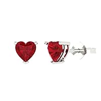 1.0 ct Heart Cut Solitaire Genuine Simulated Red Ruby Pair of Designer Stud Earrings Solid 14k White Gold Butterfly Push Back