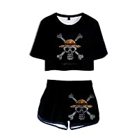 Anime One Piece Monkey D Luffy Crop Top T-Shirt and Shorts 2 Piece Outfit Set for Women Girls