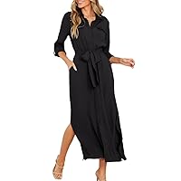 Fekermia Women's Button Down Shirt Dresses Roll Up Long Sleeve Dress Causal Belted Slits Midi Dress with Pockets
