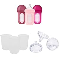 Boon Nursh Silicone Baby Bottles with Replacement Nipples and Pouches Bundle - 3 Bottles, 3 Nipples, 3 Pouches - Pink