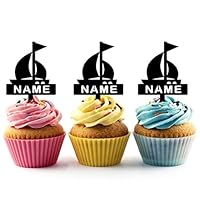 TA1048 Sailing Boat Silhouette Party Wedding Birthday Acrylic Cupcake Toppers Decor 10 pcs with Personalized Your Name