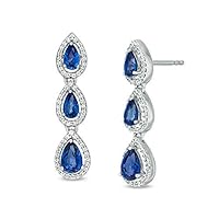 Pear Cut Created Blue Sapphire & 0.20 CT Diamond Halo Dangle Earrings 14k White Gold Over