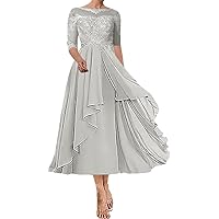 Lace Mother of The Bride Dresses Tea Length Wedding Guest Dress Ruffles Mother of The Bride Dress Chiffon