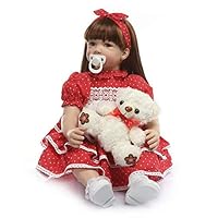 Angelbaby Cute Reborn Silicone Toddler Dolls Girls Brown Eyes Open Real Looking Confortable Touch Weighted 24 inches Newborn Baby Dolls Toys with Red Dress