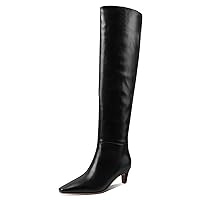 Women's Stylish Square Toe Slip On Autumn Winter Wide Calf Comfort Slouch Low Kitten Heel Dress Over The Knee High Boots