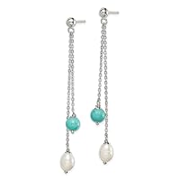 925 Sterling Silver Rhod Pltd Turquoise Freshwater Cultured Pearl Chain Post Drop Dangle Earrings
