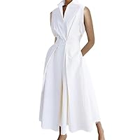 Cotton Linen Shirt Dress for Womens Pleated Button Long Dress Sleeveless A-line Loose Swing Dress with Pockets
